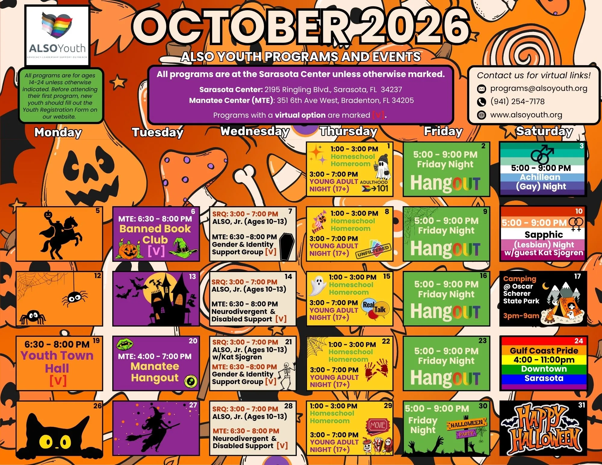 ALSO Youth's October 2026 program calendar, a Halloween themed monthly grid. The same programs and events are listed in the schedule on this page.